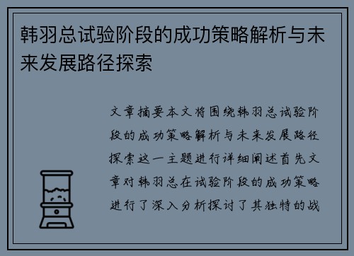 韩羽总试验阶段的成功策略解析与未来发展路径探索