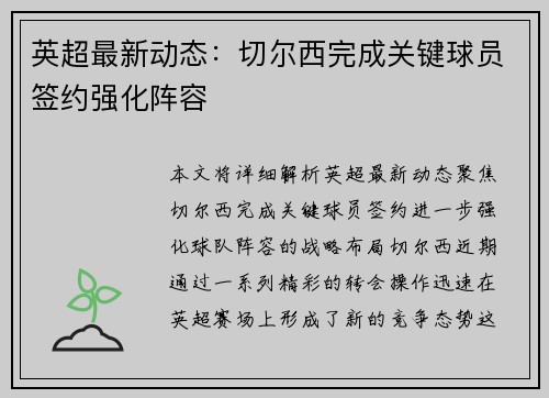 英超最新动态:切尔西完成关键球员签约强化阵容 英超最新动态:切尔西完成关键球员签约强化阵容